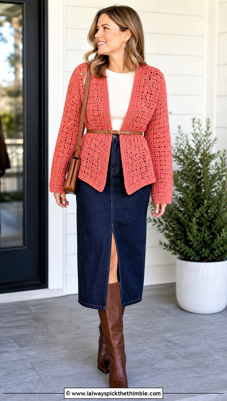 Belted Hexagon Cardigan With Granny Square Back And Denim Midi Skirt - 20 Hexagon Cardigan With Granny Square Back outfit ideas