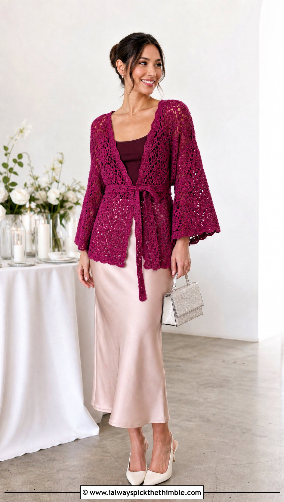 Belted Hexagon Cardigan With Satin Midi Skirt - 25 crochet hexagon sweater outfit ideas
