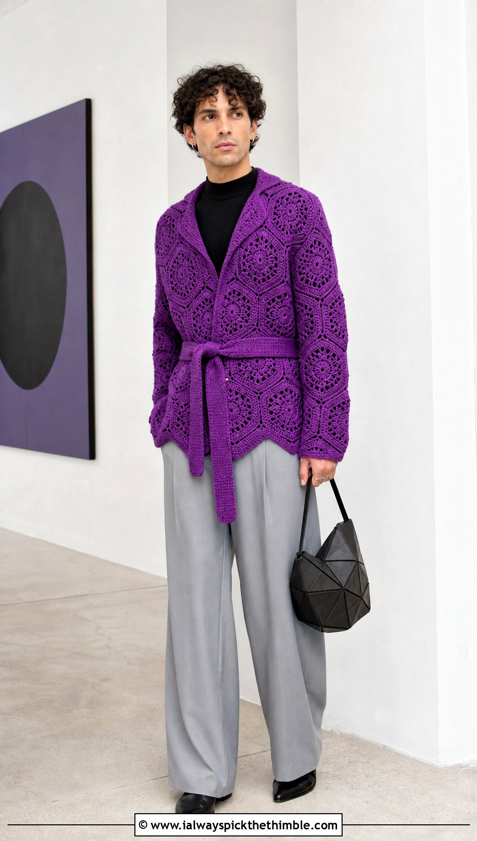 Belted Hexagon Cardigan With Wide Leg Trousers - 25 men hexagon crochet cardigan outfit ideas