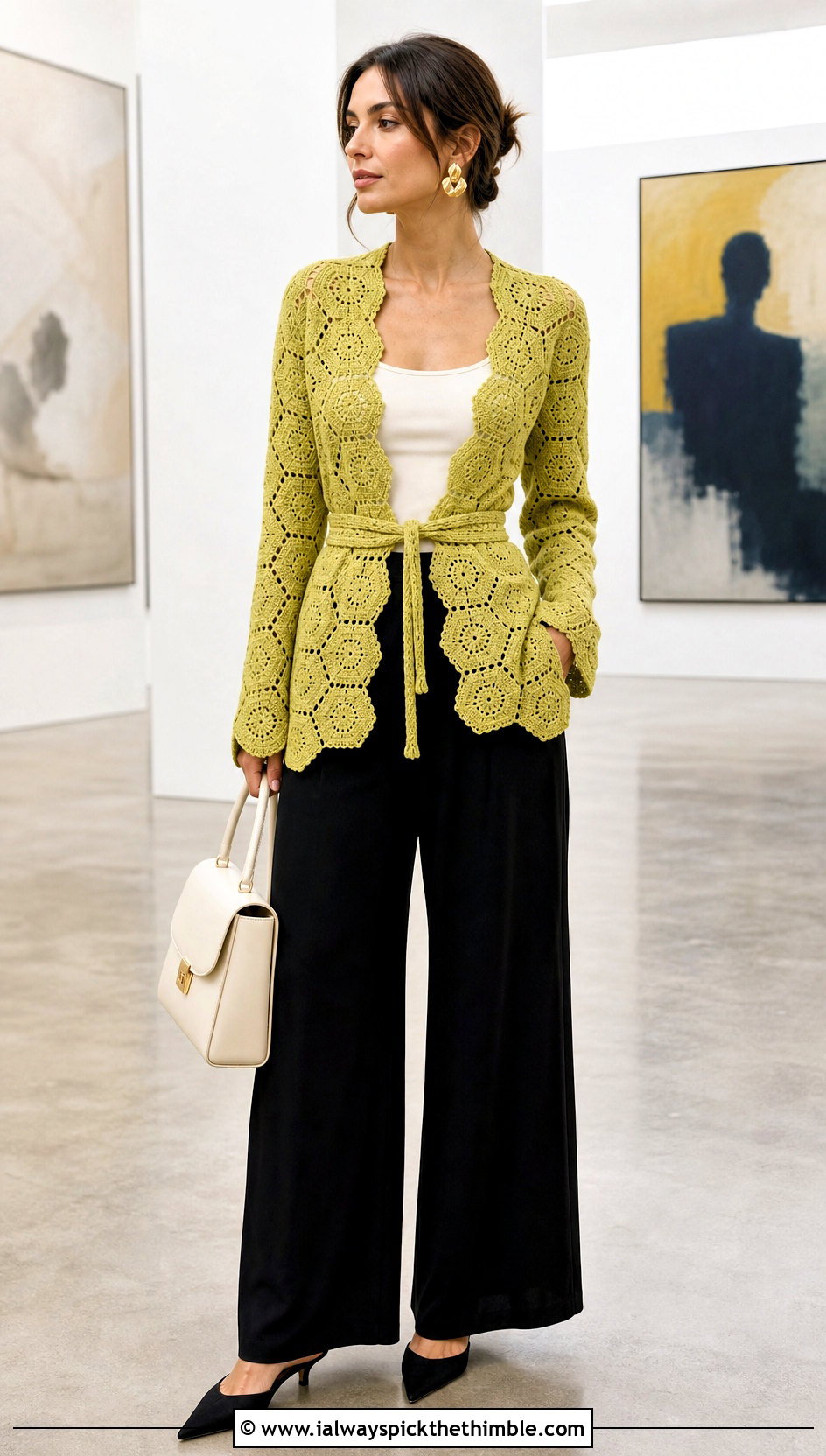 Belted Hexi Cardigan With Wide Leg Pants - 25 crochet hexi cardigan outfit ideas