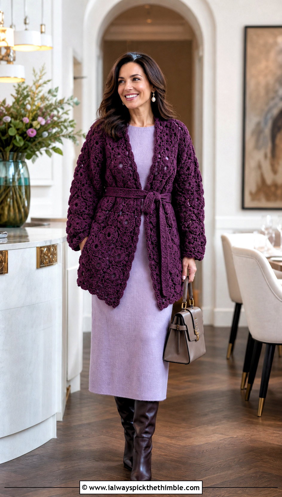 Belted Hexi Crochet Cardigan With Knit Midi Dress - 25 hexi crochet cardigan outfit ideas