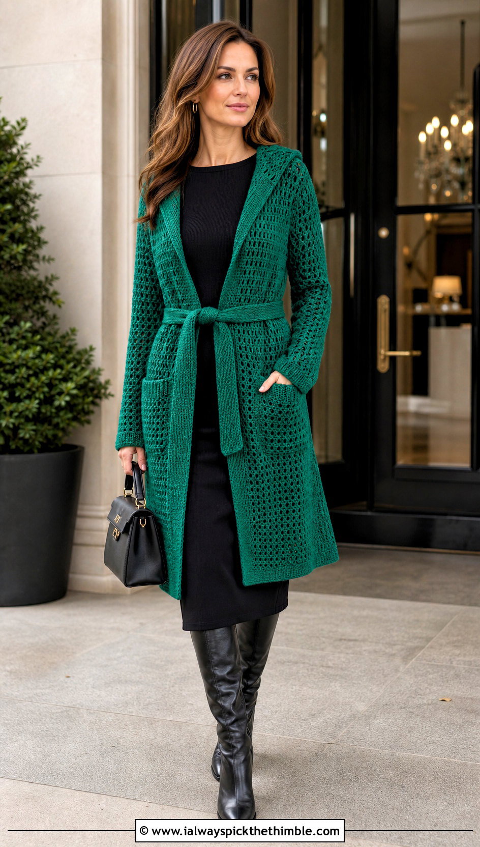 Belted Hooded Crochet Coatigan With Knit Dress - 20 crochet hoodie cardigan outfit ideas