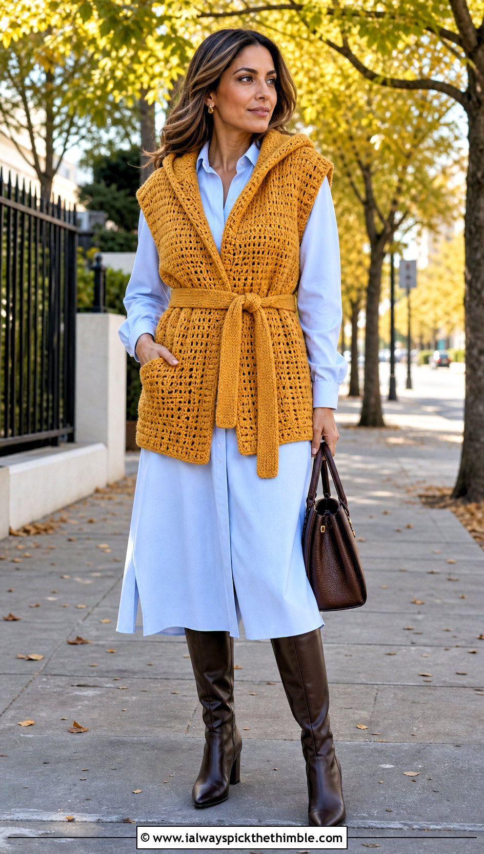 Belted Hooded Crochet Vest With Shirt Dress - 20 crochet vest with hood outfit ideas
