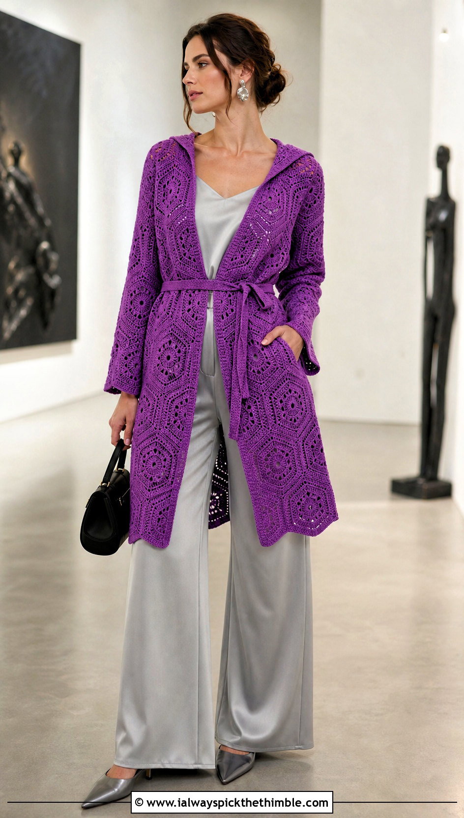 Belted Hooded Hexagon Cardigan With Satin Trousers - 20 Crochet Hexagon Cardigan With Hood outfit ideas