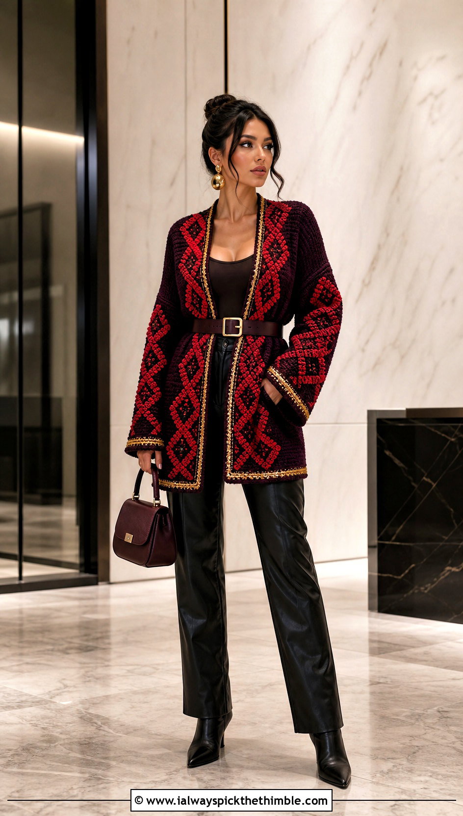 Belted Howl Crochet Cardigan With Leather Pants - 20 Howl Crochet Cardigan outfit ideas