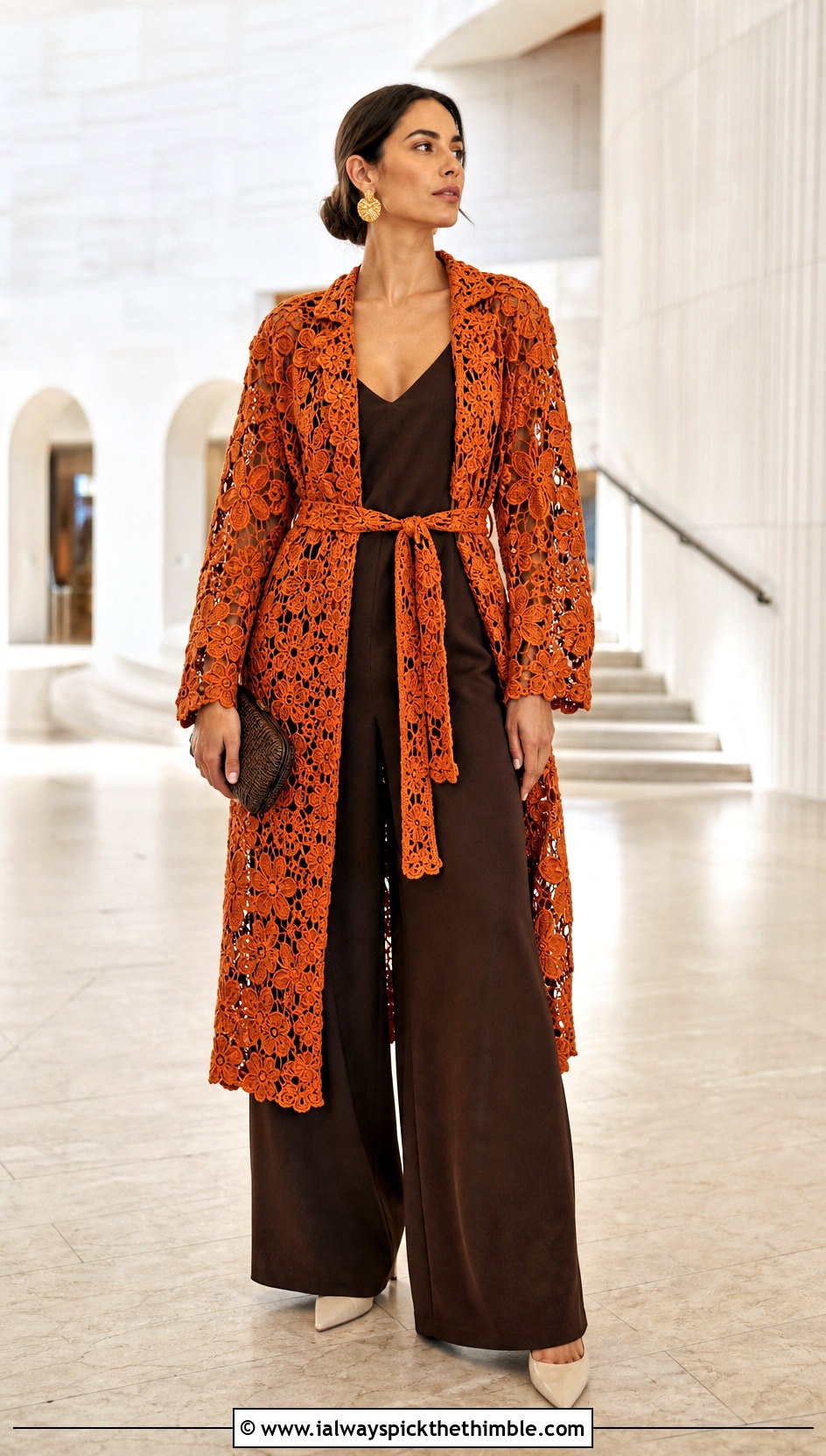 Belted Irish Crochet Guipure Coat With Wide Leg Jumpsuit - 20 irish crochet coat outfit ideas