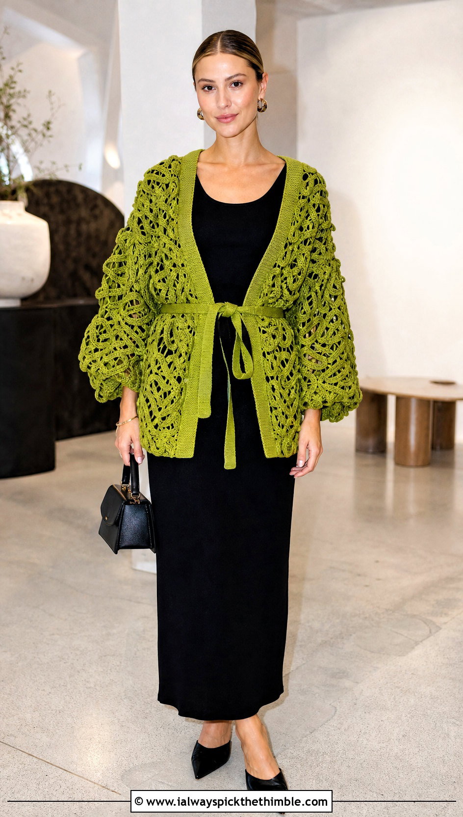 Belted Lightly Toasted Crochet Cardigan With Column Dress - 20 lightly toasted crochet cardigan outfit ideas