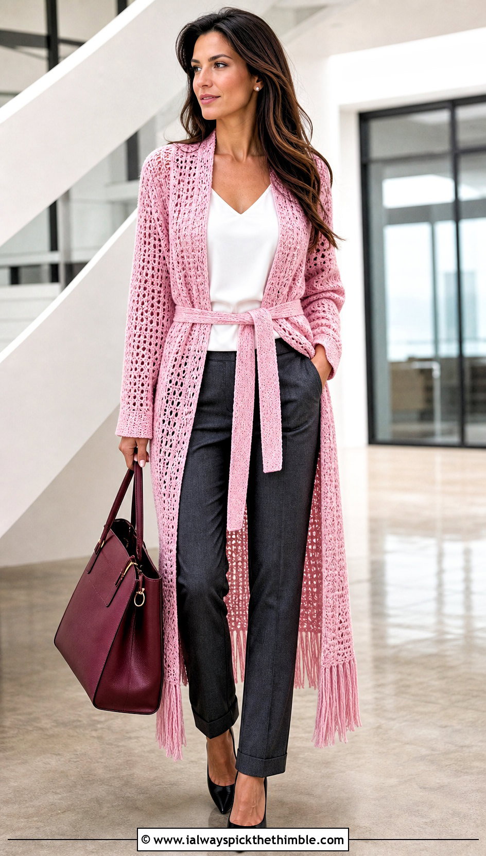 Belted Long Crochet Cardigan With Fringe And Tailored Trousers - 15 long crochet cardigan with fringe outfit ideas