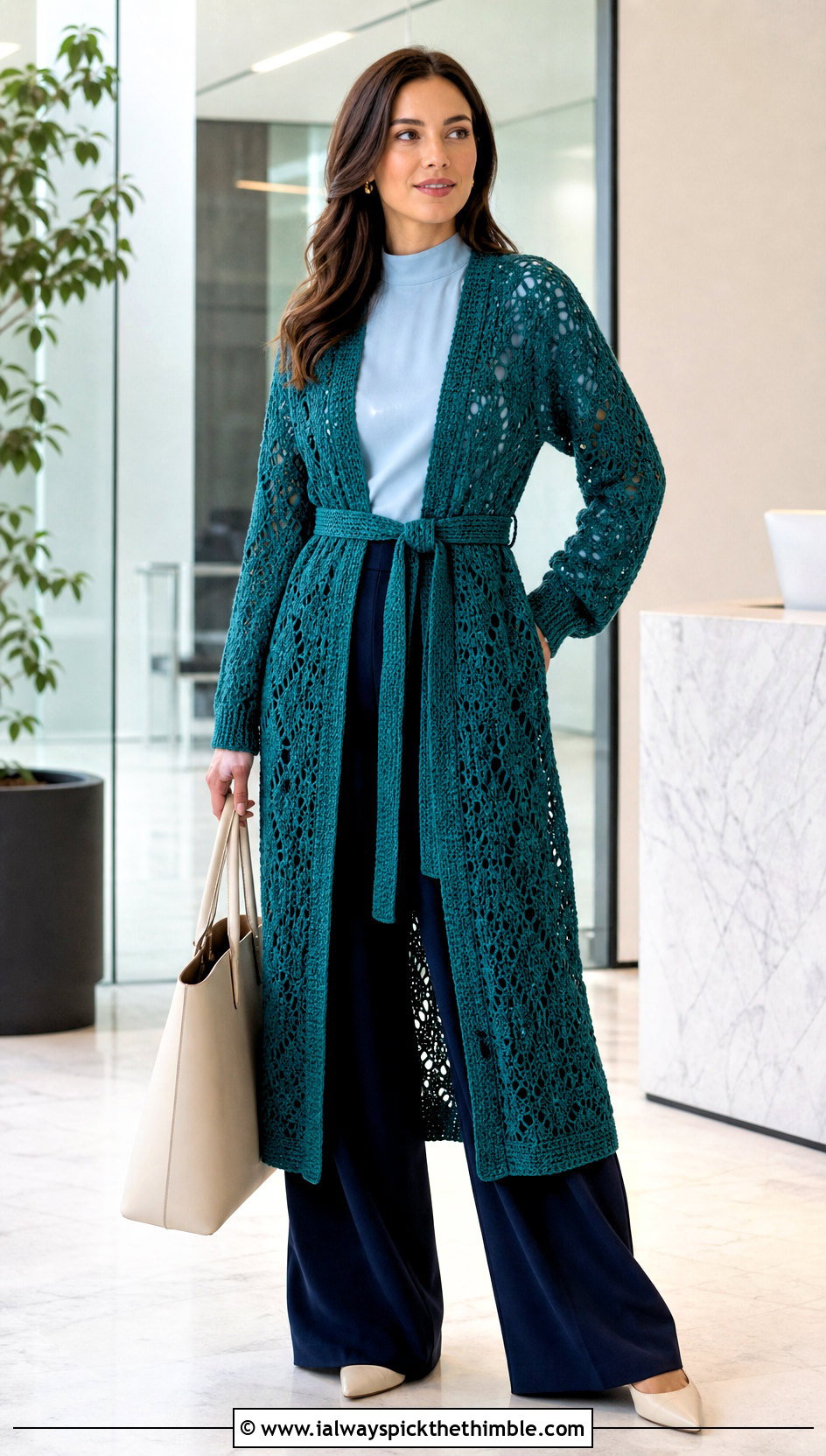 Belted Long Crochet Cardigan With Wide Leg Trousers - 20 long crochet cardigan outfit ideas
