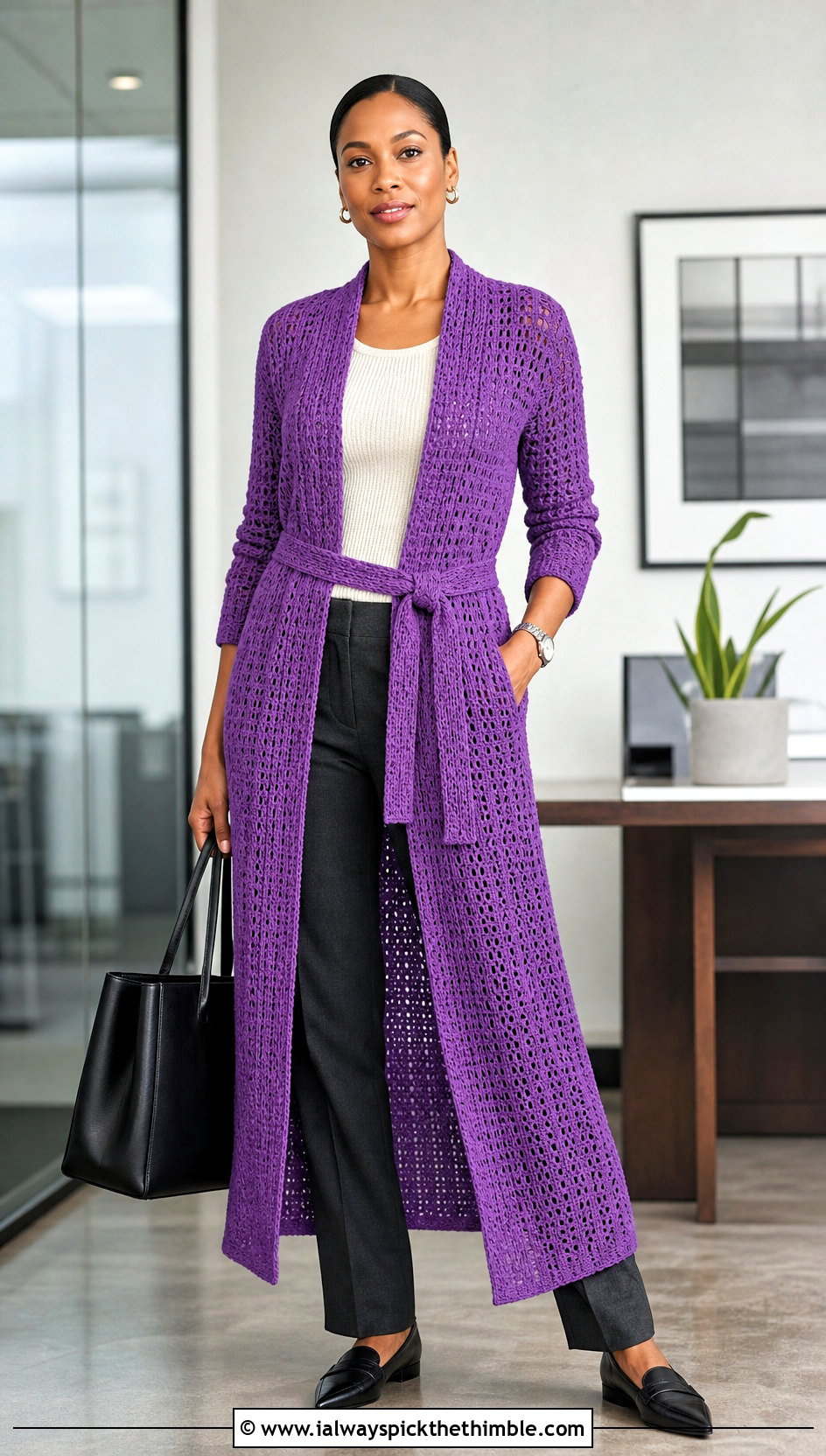 Belted Long Crochet Duster With Tailored Trousers - 20 Long Crochet Duster outfit ideas