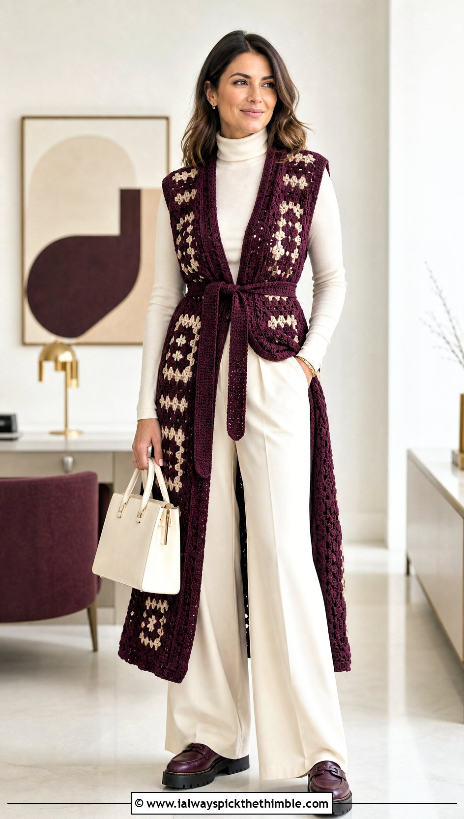 Belted Long Granny Square Waistcoat With Wide Leg Trousers - 20 crochet granny square waistcoat outfit ideas