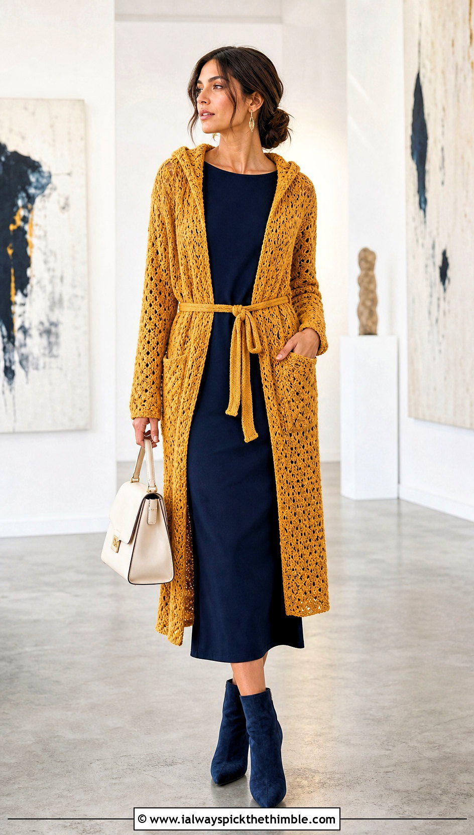 Belted Long Hooded Cardigan With Column Dress - 20 crochet long hooded cardigan outfit ideas