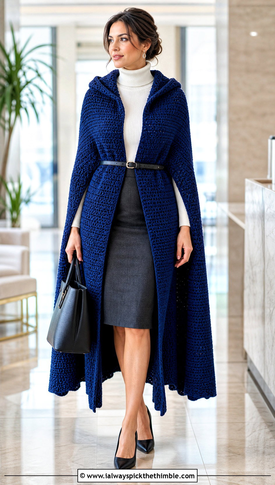 Belted Long Hooded Crochet Cape With Pencil Skirt - 20 Long Hooded Crochet Cape outfit ideas