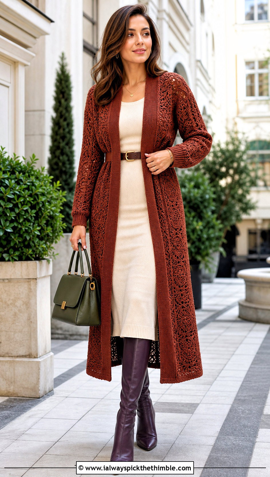 Belted Long Rust Crochet Cardigan With Knit Dress - 15 rust-colored crochet cardigan outfit ideas