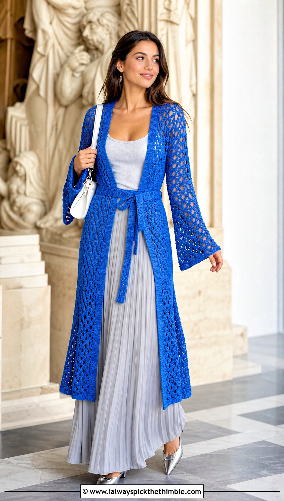 Belted Longline Crochet Bell Sleeve Cardigan With Pleated Maxi Skirt - 20 crochet bell sleeve cardigan outfit ideas