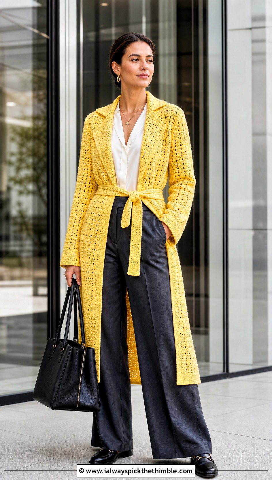 Belted Longline Crochet Coat With Work Trousers - 15 stylish crochet coat design outfit ideas
