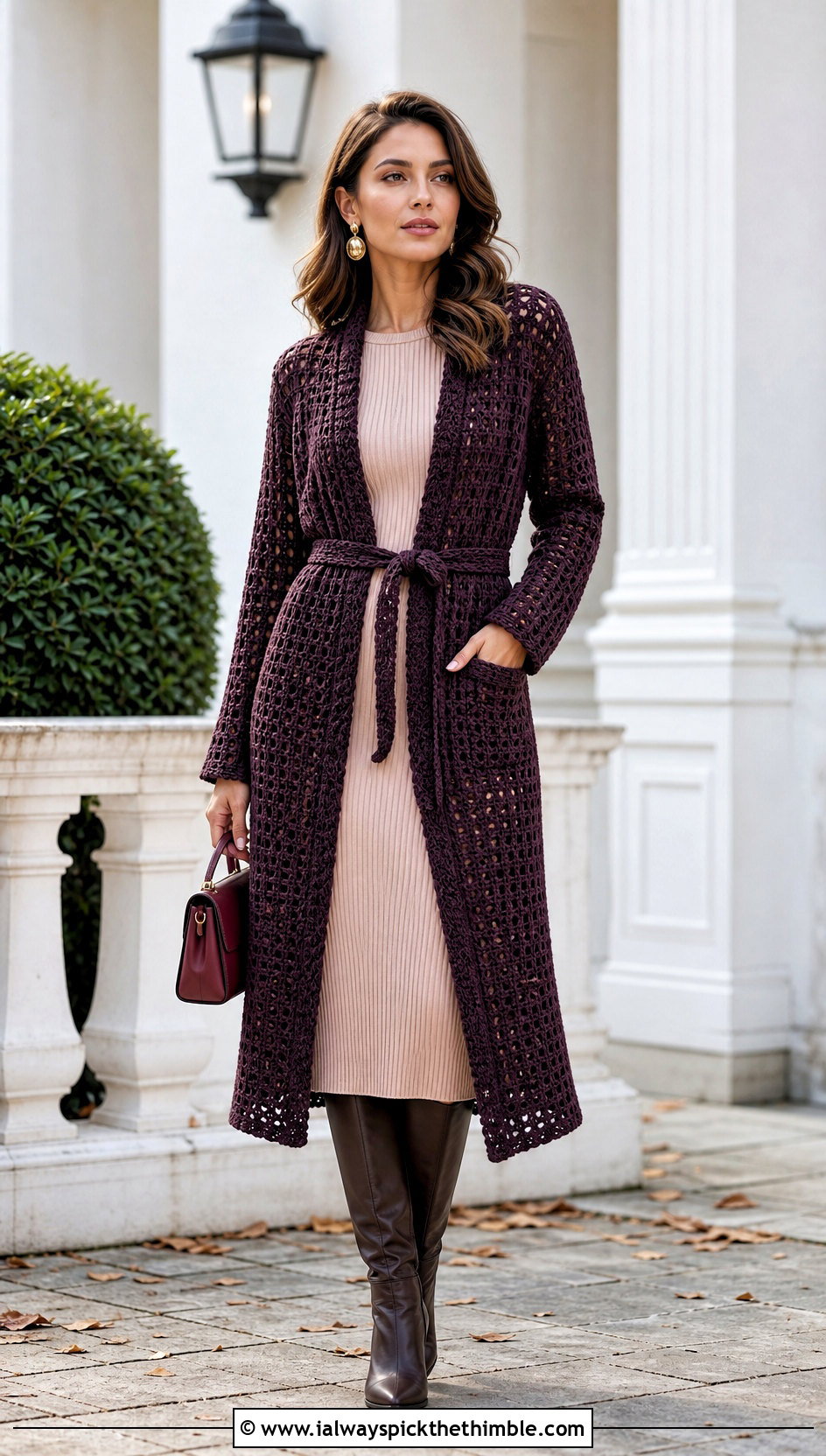 Belted Longline Crochet Jacket With A Knit Dress - 15 beginner crochet jacket ideas
