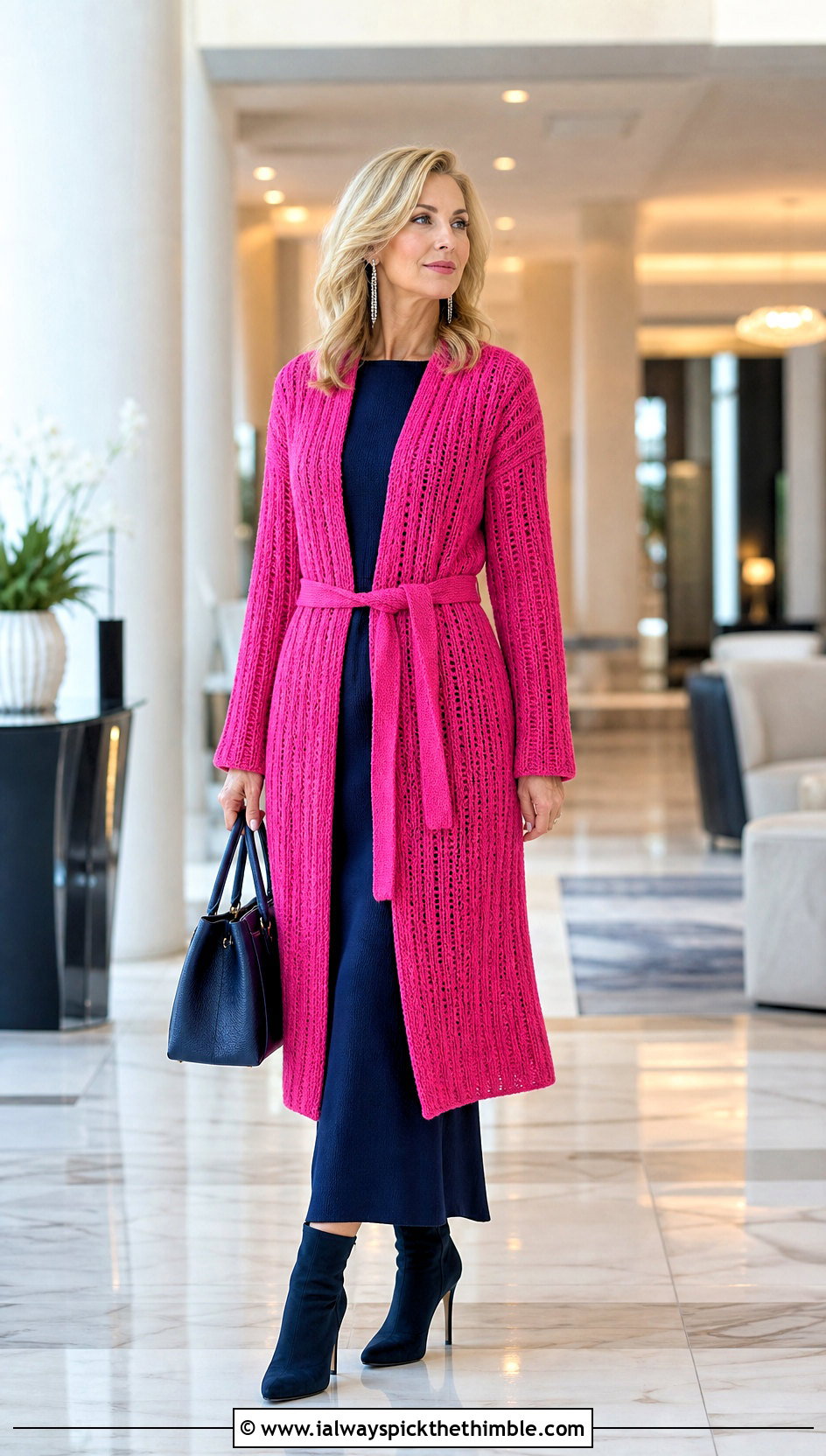 Belted Longline Crochet Sweater Wrap With Column Dress - 20 crochet sweater wrap outfit ideas