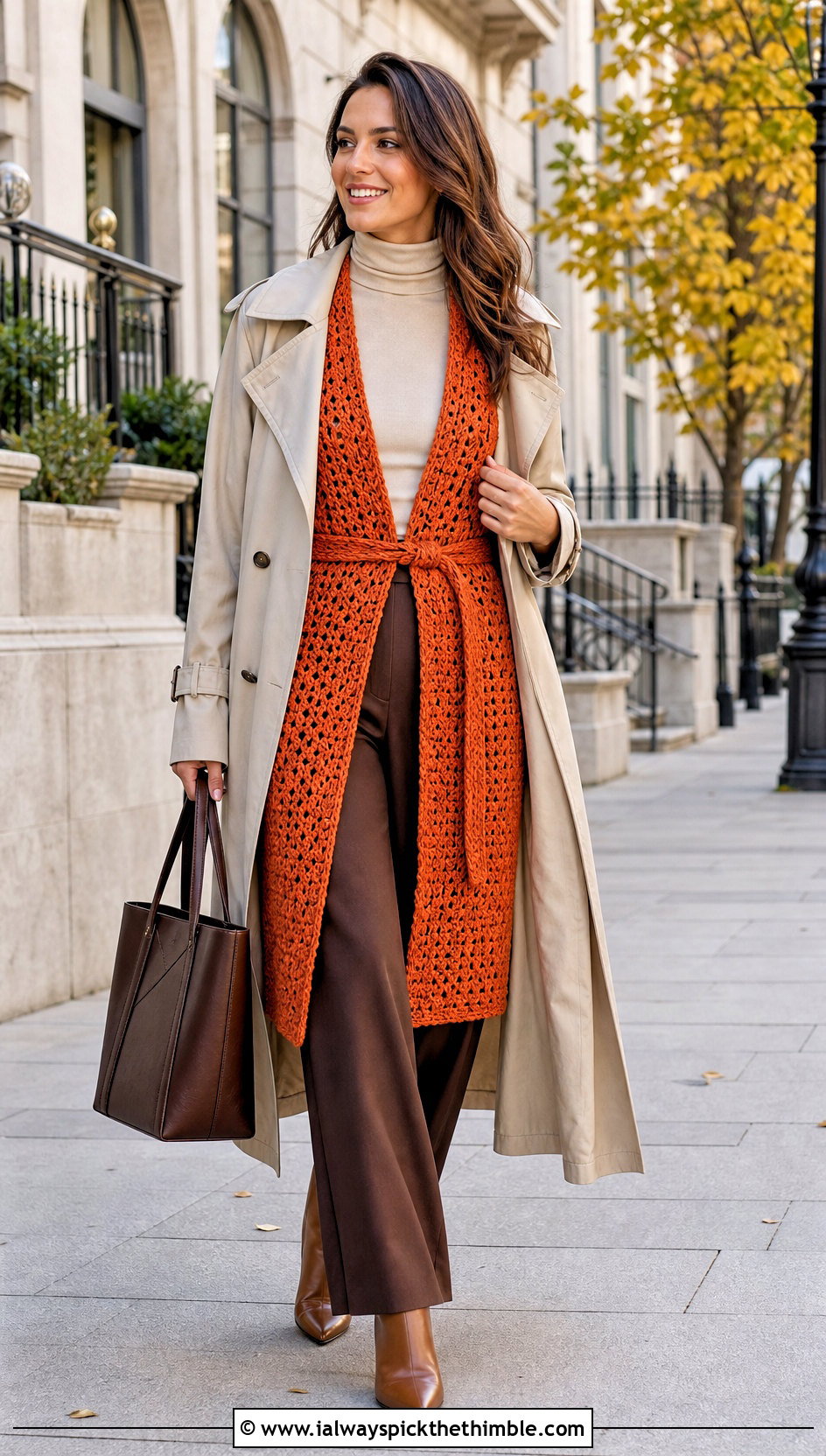 Belted Longline Crochet Vest With Trench Coat - 25 crochet vest woman outfit ideas
