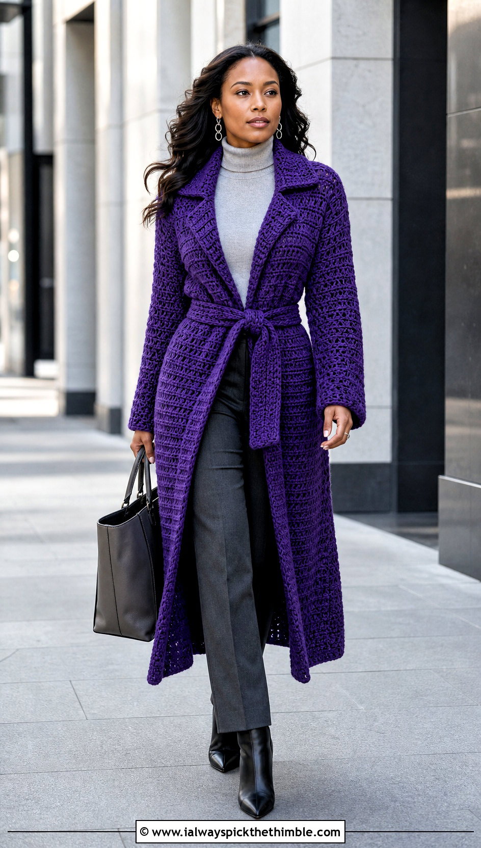 Belted Longline Crochet Winter Coat With Tailored Trousers - 20 Crochet Winter Coat outfit ideas