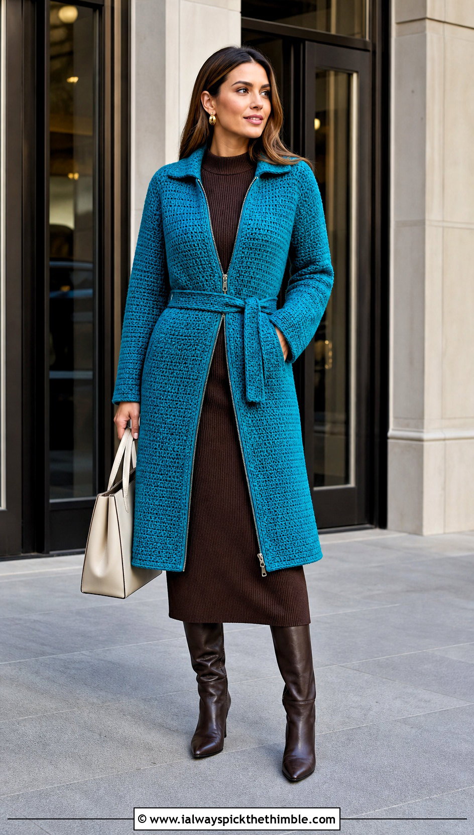 Belted Longline Crochet Zip Jacket With Knit Dress - 20 crochet jacket with zipper outfit ideas