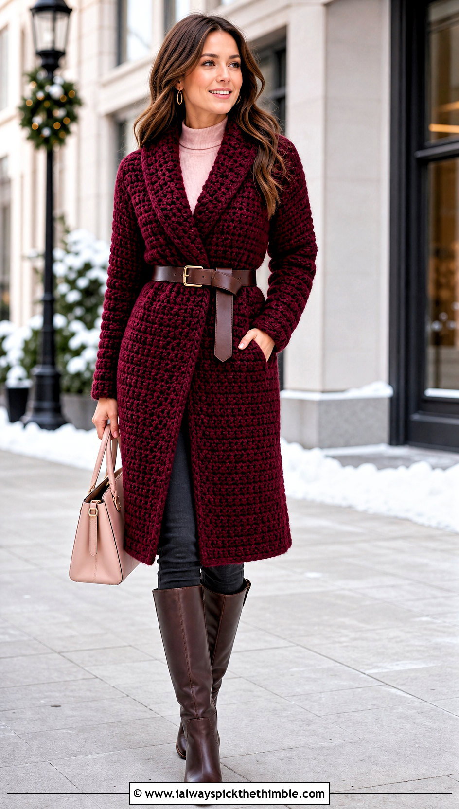 Belted Longline Double Crochet Sweater With Knee High Boots - 25 double crochet sweater outfit ideas
