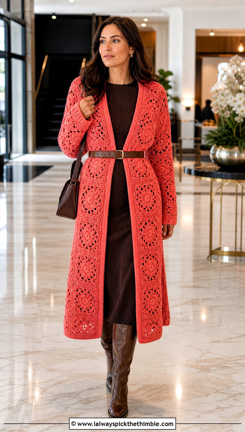 Belted Longline Granny Cardigan With Knit Dress - 25 crochet granny cardigan outfit ideas