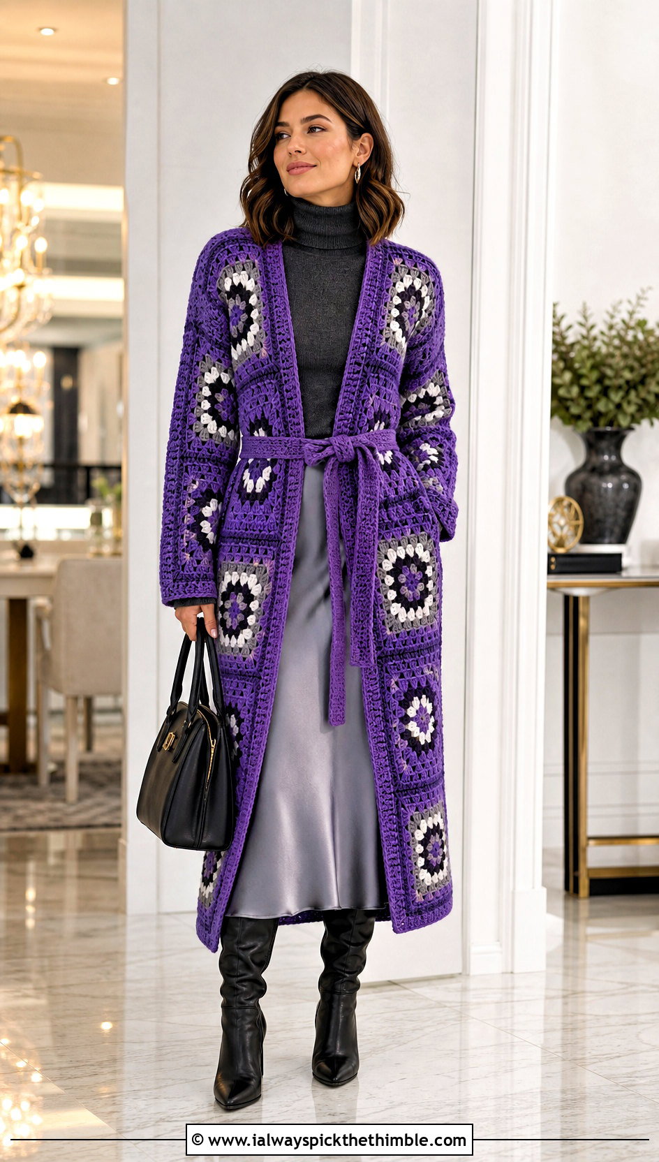 Belted Longline Granny Square Cardigan With Slip Skirt - 25 crochet granny square cardigan outfit ideas