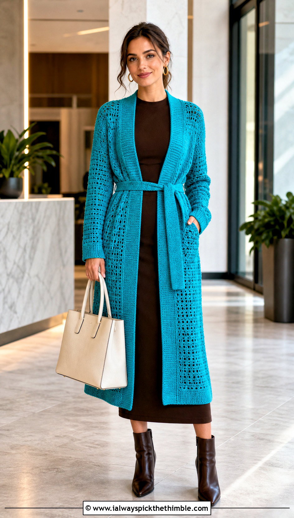 Belted Longline Sally Cardigan With Column Dress - 20 Crochet Sally Cardigan outfit ideas