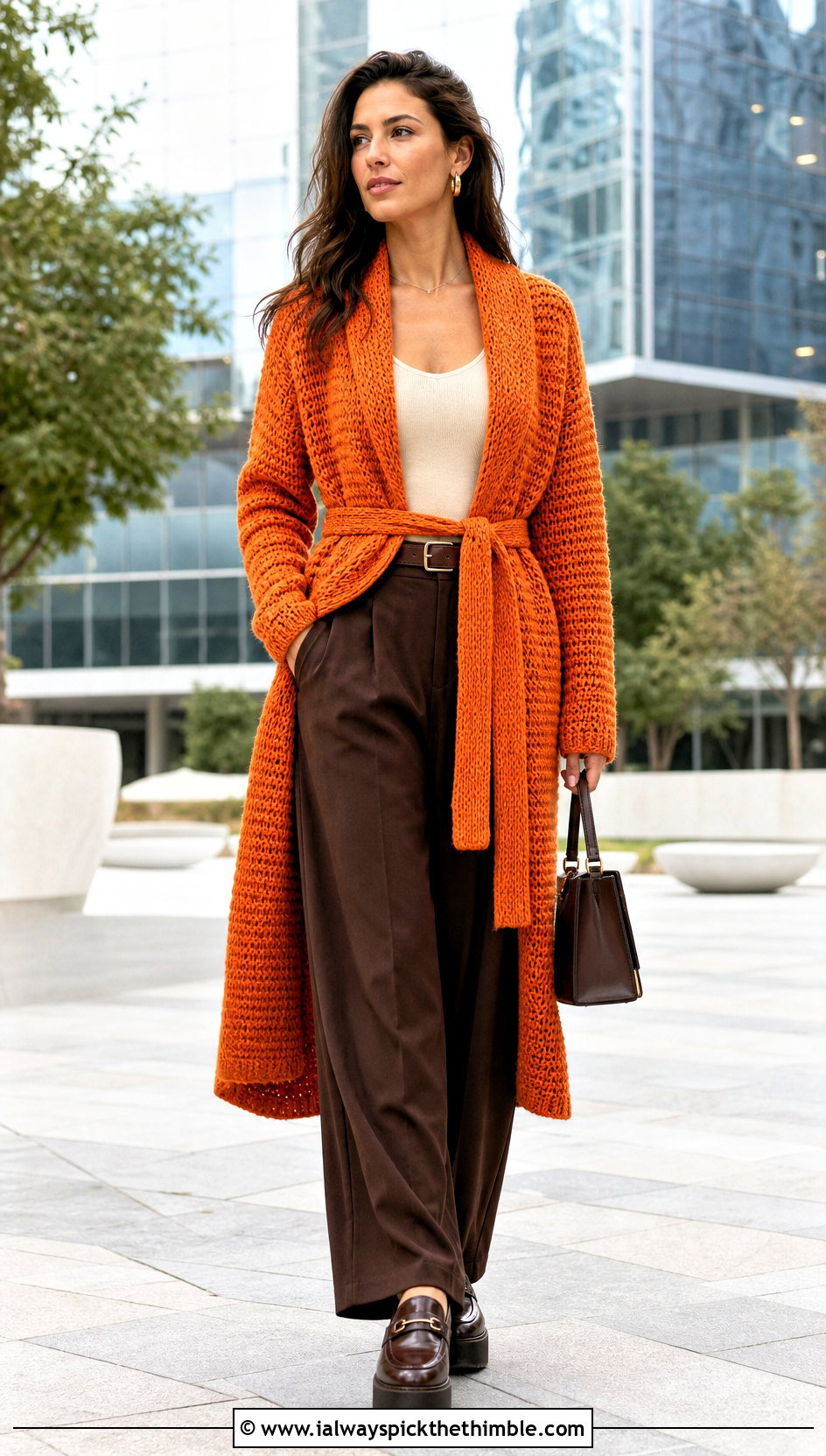 Belted Longline Shawl Crochet Cardigan With Wide Leg Pants - 20 Shawl Crochet Cardigan outfit ideas
