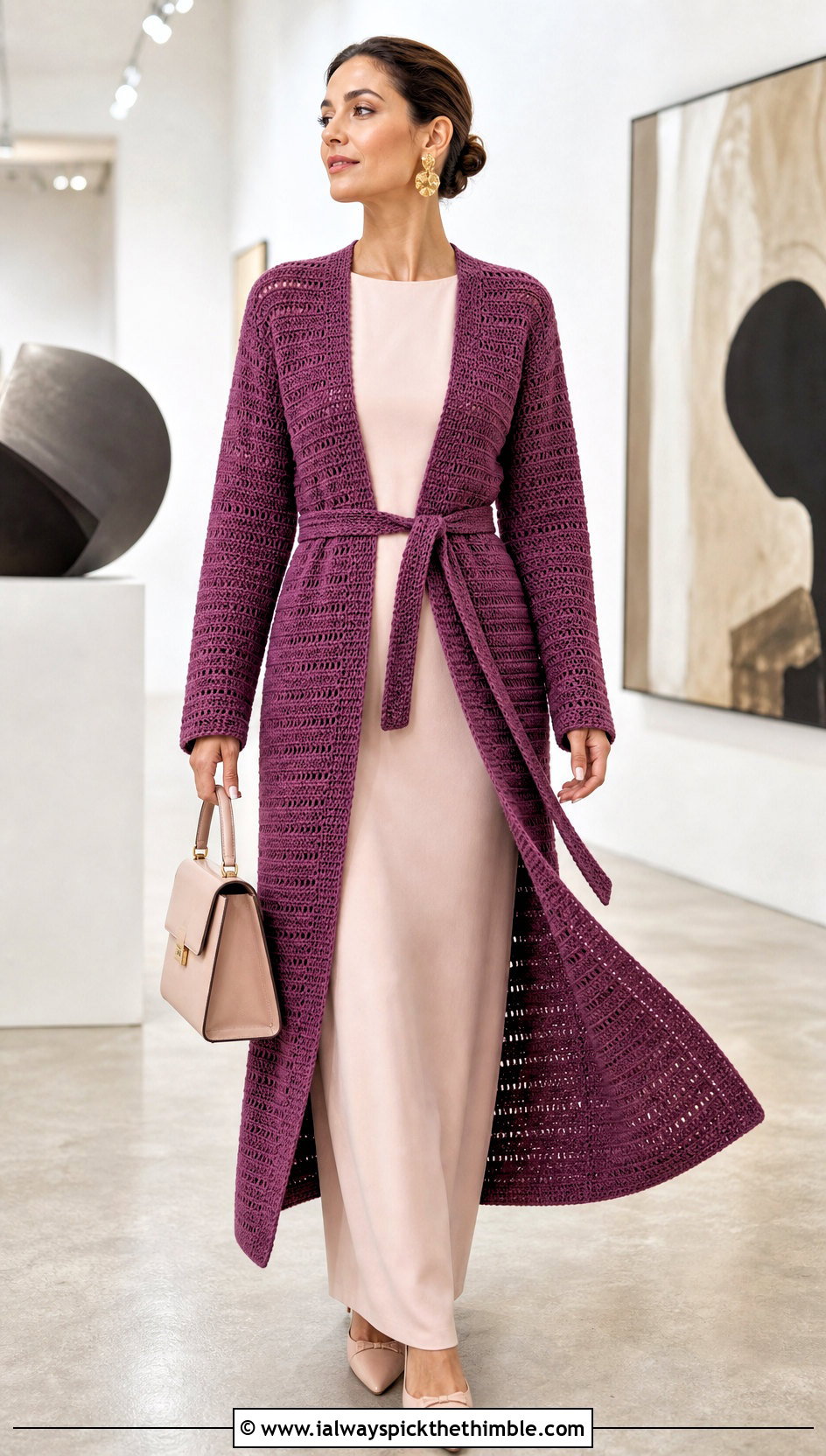 Belted Longline Side To Side Crochet Cardigan With Column Dress - 20 Side To Side Crochet Cardigan outfit ideas
