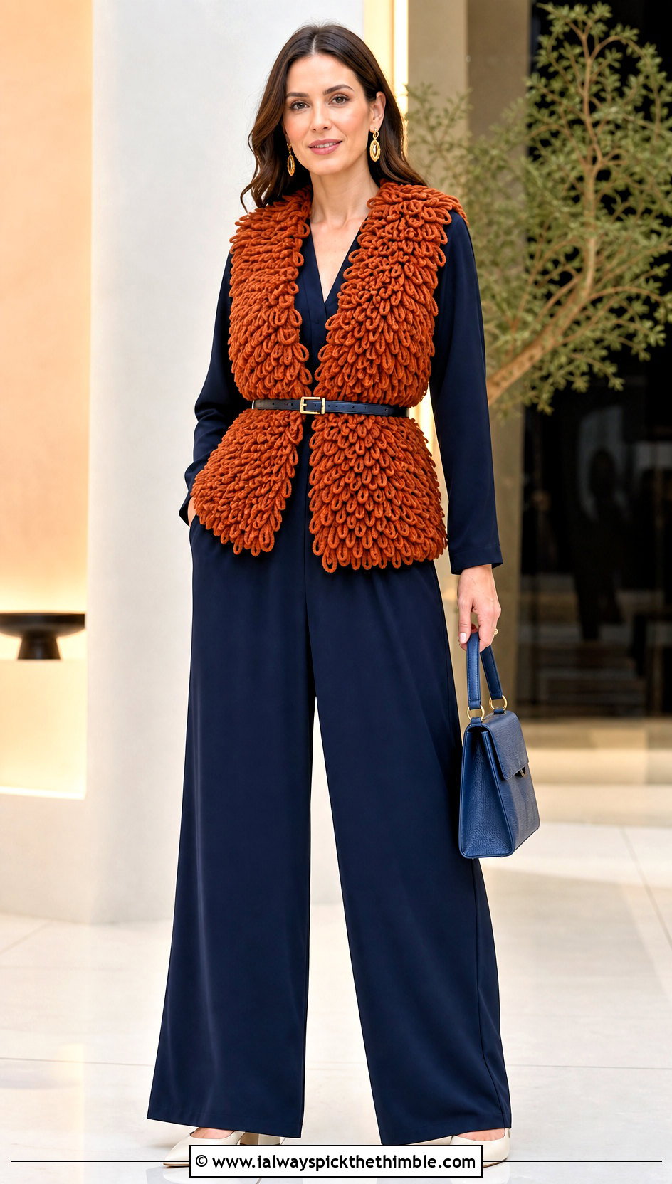 Belted Loopy Crochet Vest With Wide Leg Jumpsuit - 15 loopy crochet vest outfit ideas