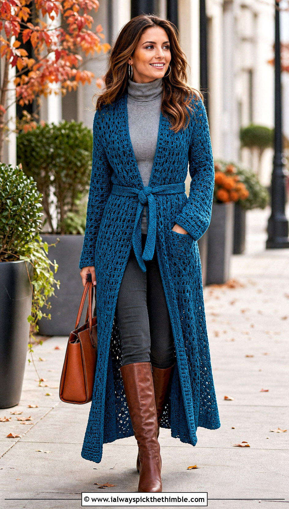 Belted Maxi Boho Crochet Cardigan With Turtleneck And Boots - 25 Boho Crochet Cardigan outfit ideas