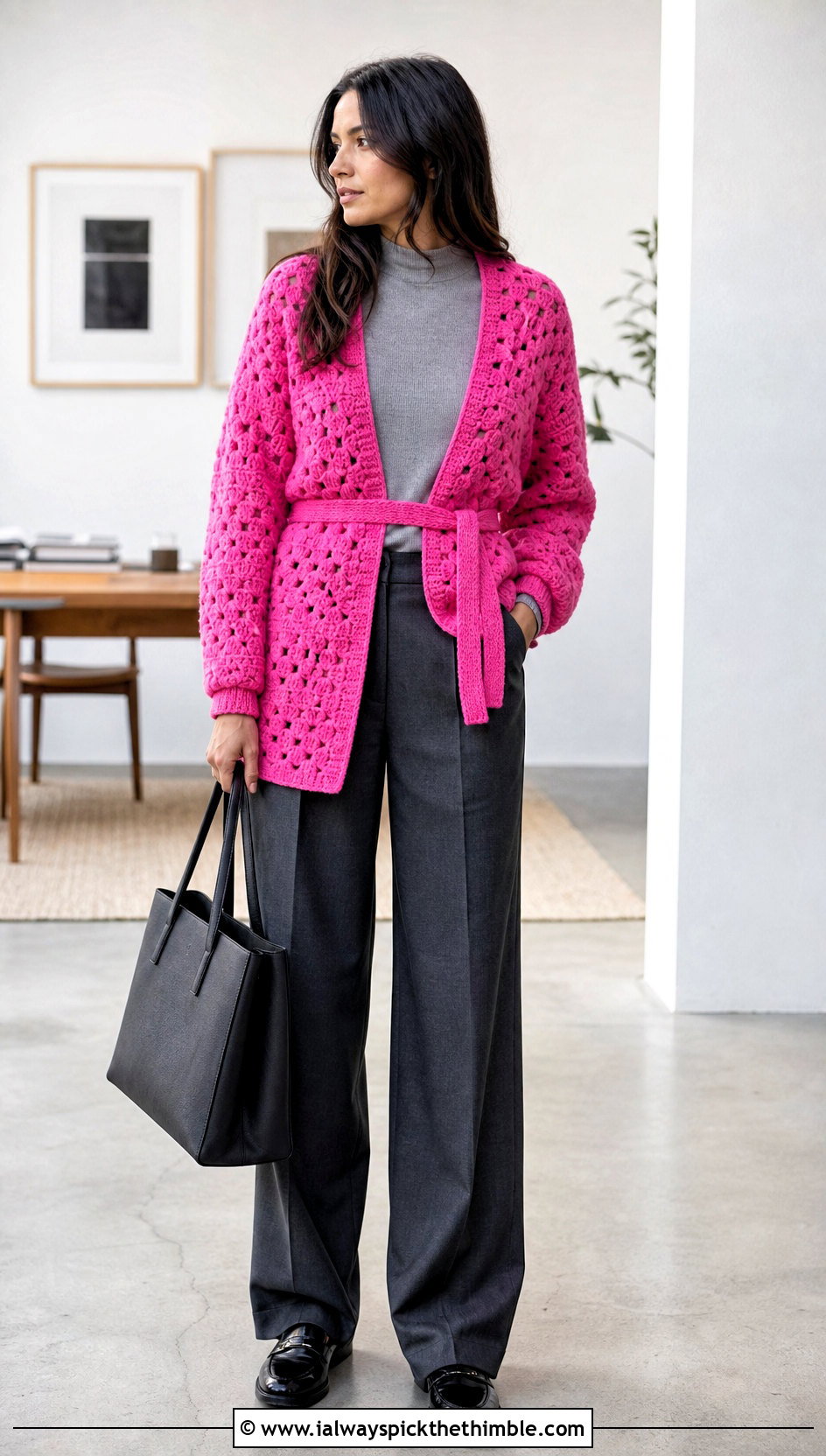 Belted One Granny Square Cardigan With Tailored Trousers - 20 One Granny Square Cardigan outfit ideas
