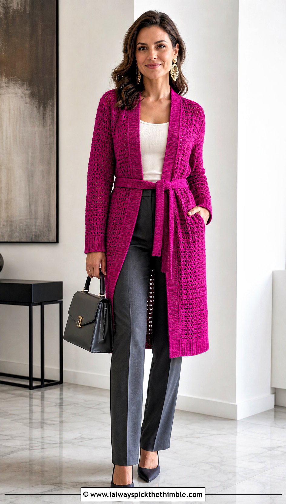Belted One Piece Crochet Cardigan With Matching Trousers - 25 one piece crochet cardigan outfit ideas