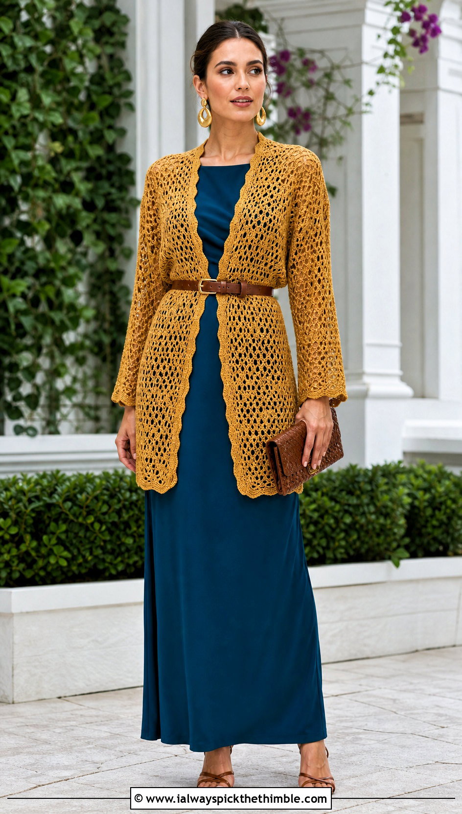 Belted Openwork Gold Crochet Cardigan With Column Maxi Dress - 15 gold crochet cardigan outfit ideas
