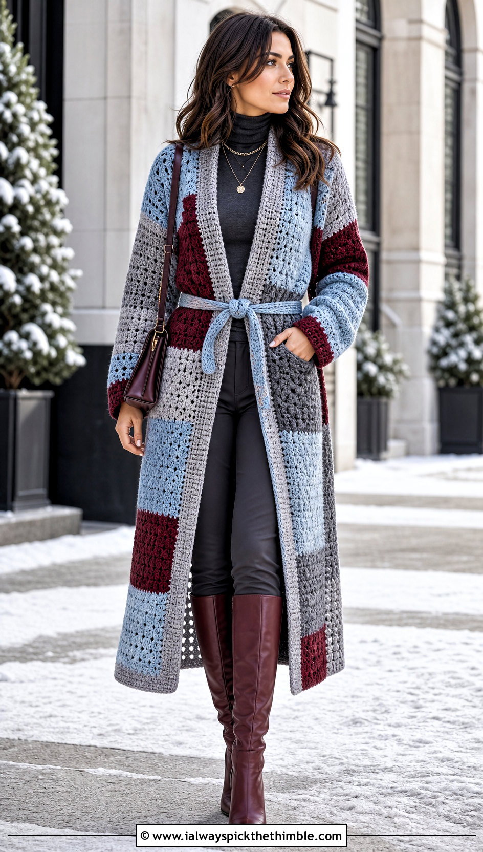 Belted Patchwork Duster Cardigan With Turtleneck And Boots - 15 harry styles patchwork crochet cardigan outfit ideas