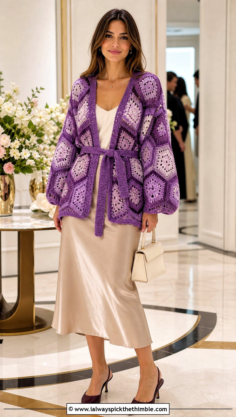 Belted Pentagon Granny Square Cardigan With Satin Midi Skirt - 20 Pentagon Granny Square Cardigan outfit ideas