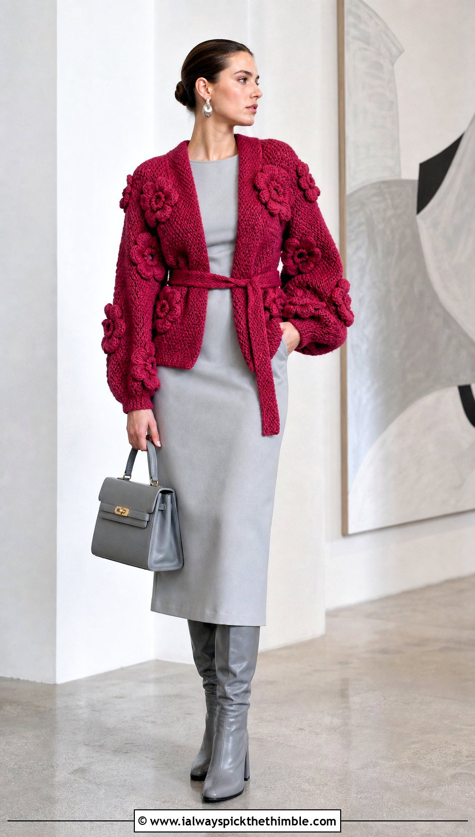 Belted Puff Flower Crochet Cardigan With Column Dress - 20 puff flower crochet cardigan outfit ideas