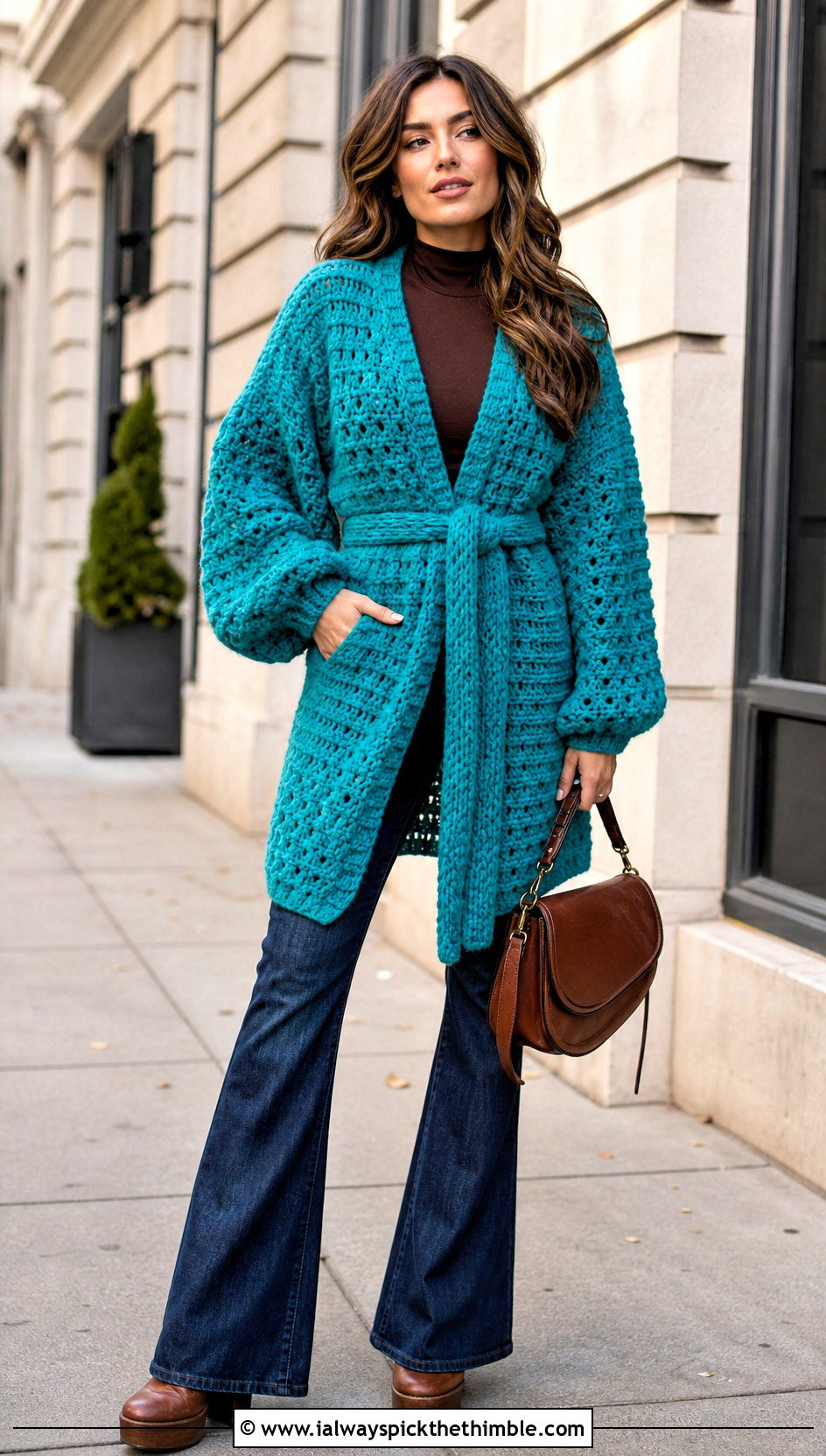Belted Puffy Crochet Coatigan With Flared Jeans - 20 puffy crochet cardigan outfit ideas