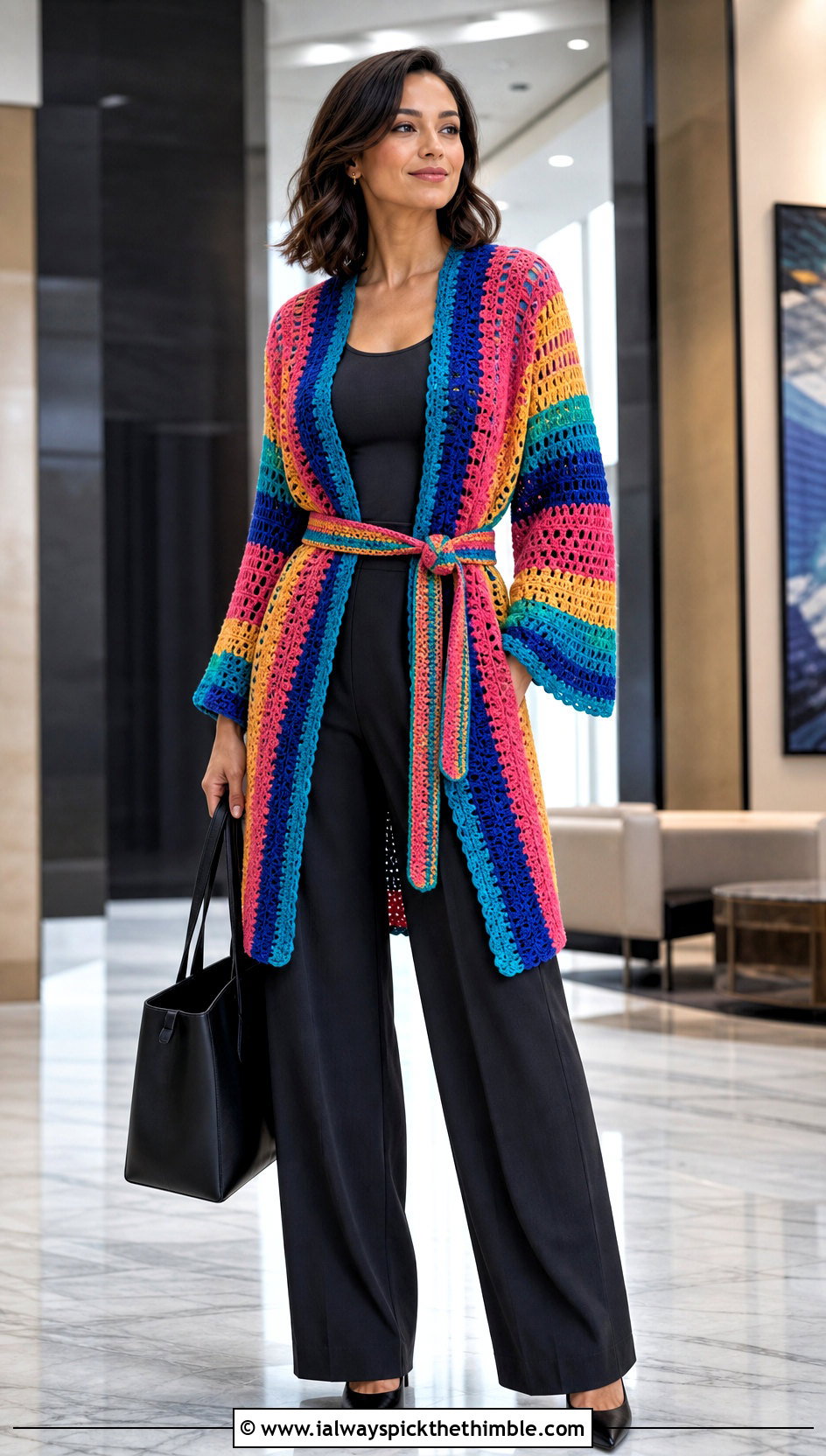 Belted Rainbow Crochet Cardigan With Wide Leg Trousers - 20 Rainbow Crochet Cardigan outfit ideas