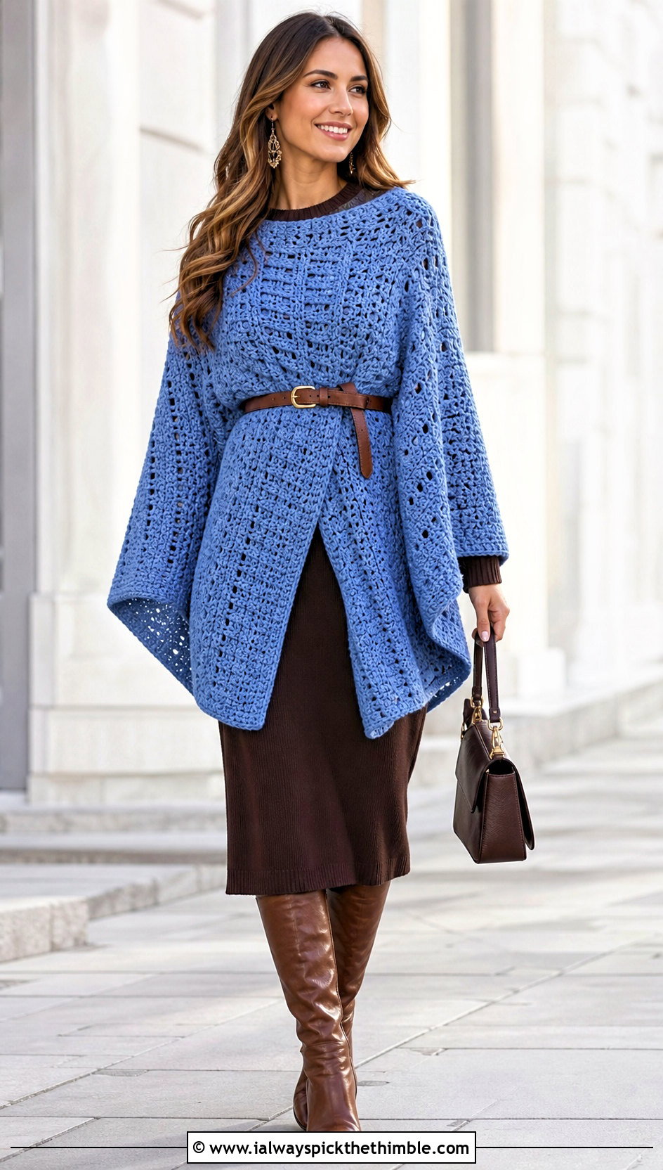Belted Rectangle Crochet Poncho With Midi Dress - 15 Easy Crochet Poncho From A Rectangle outfit ideas