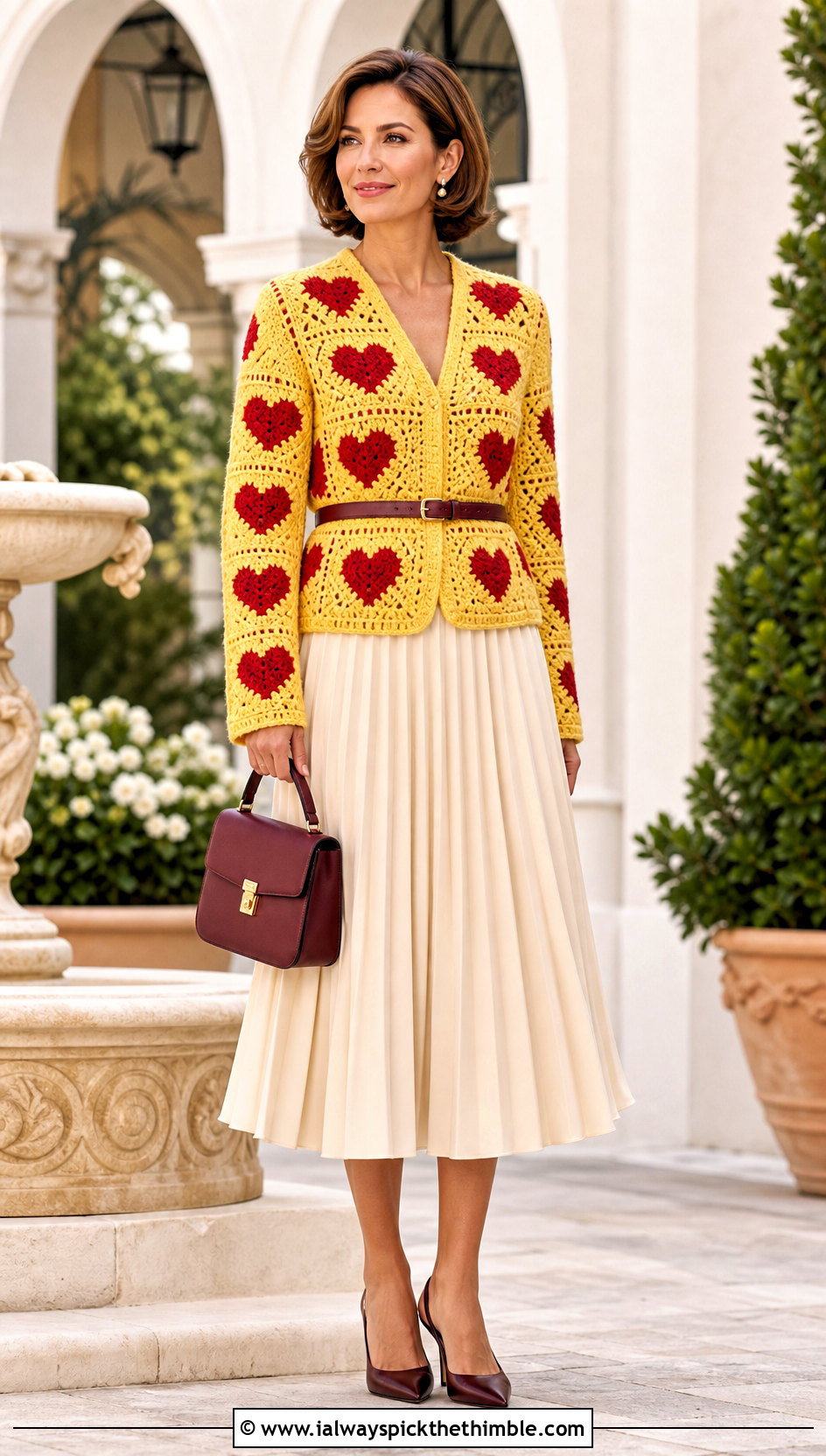 Belted Red Heart Granny Square Cardigan With Pleated Midi Skirt - 15 red heart granny square cardigan outfit ideas