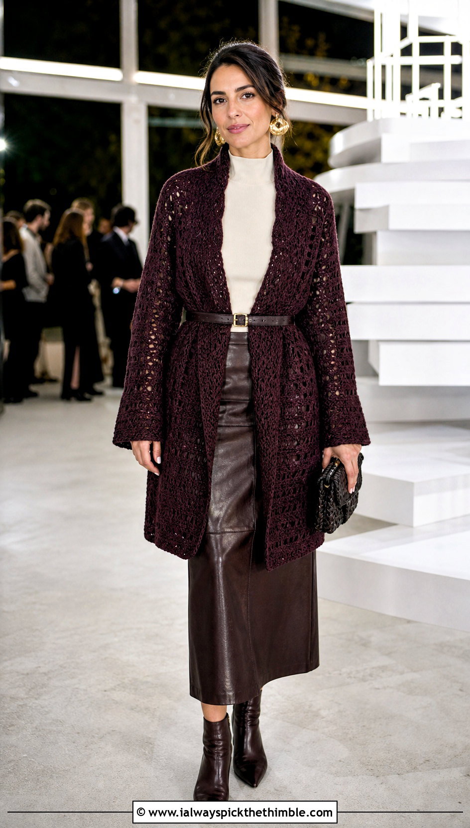 Belted Riverbed Crochet Cardigan With Leather Midi Skirt - 20 riverbed crochet cardigan outfit ideas