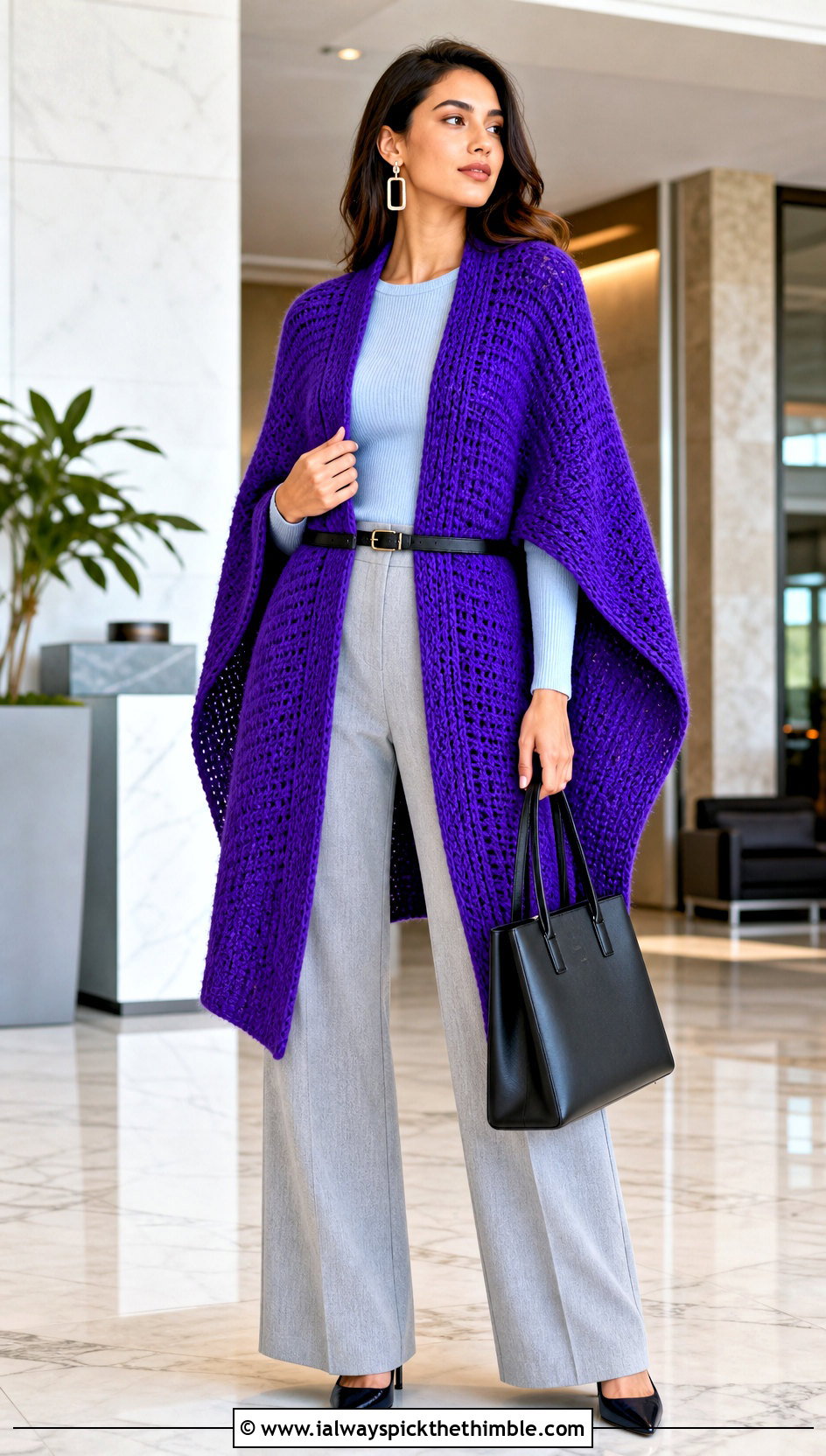 Belted Ruana DIY Crochet Cape With Wide Leg Trousers - 15 diy crochet cape outfit ideas