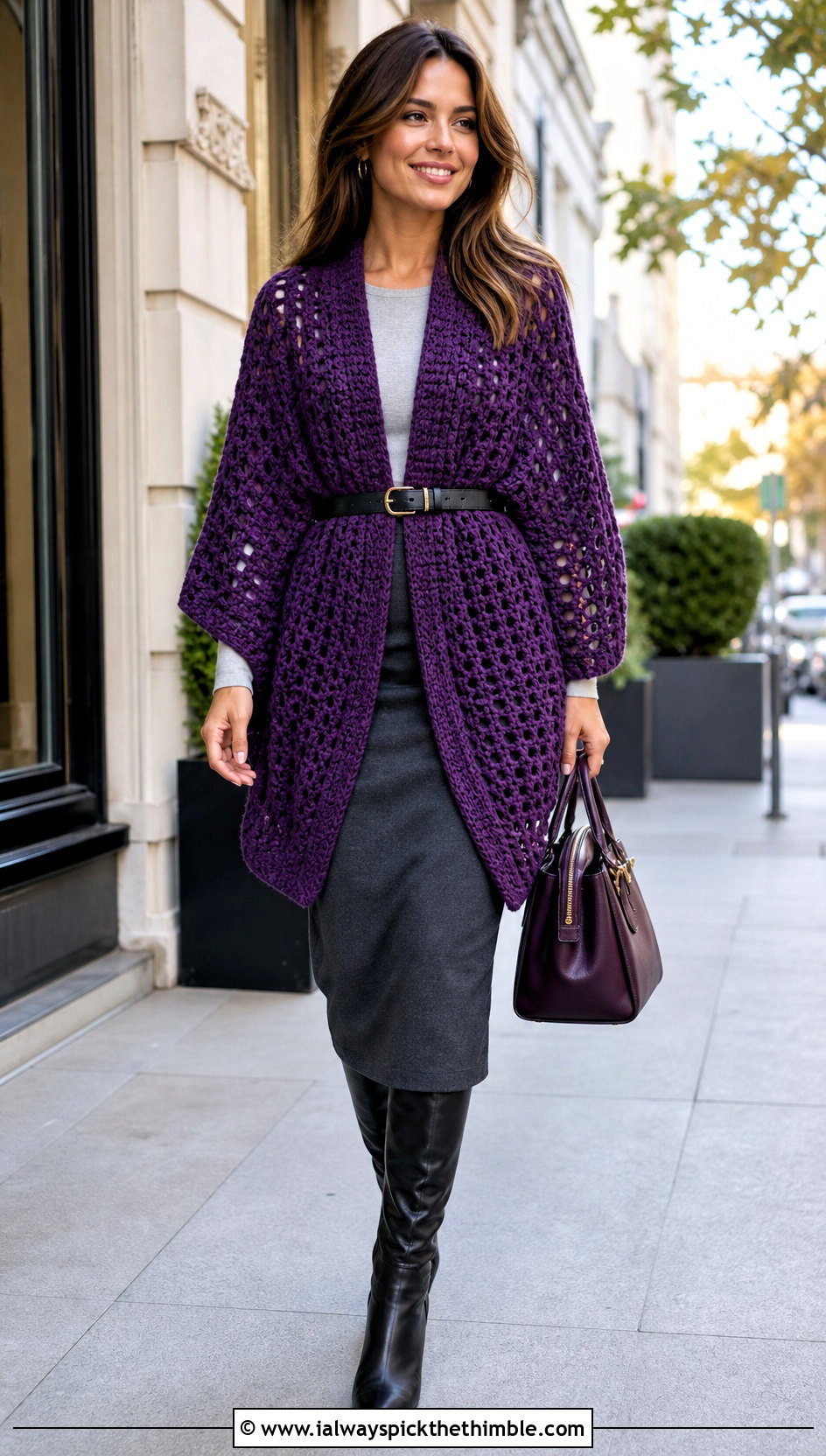 Belted Ruana Sofa Crochet Sweater With Column Skirt - 15 sofa crochet sweater outfit ideas