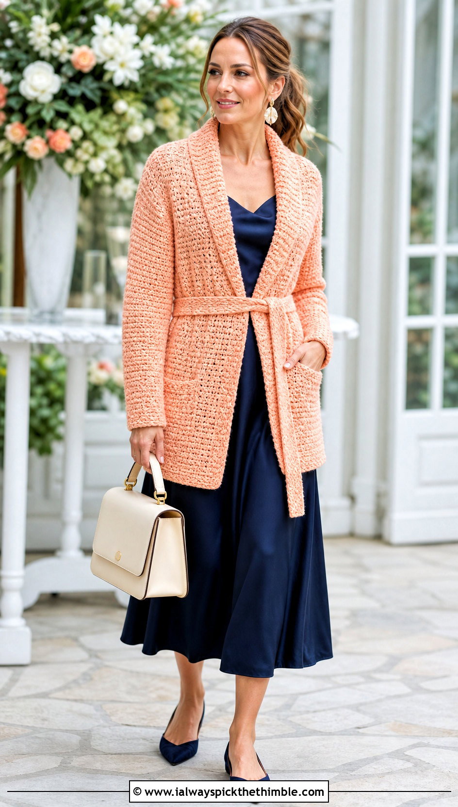 Belted Shawl Collar Tweed Crochet Cardi With Slip Dress - 15 tweed crochet cardi outfit ideas