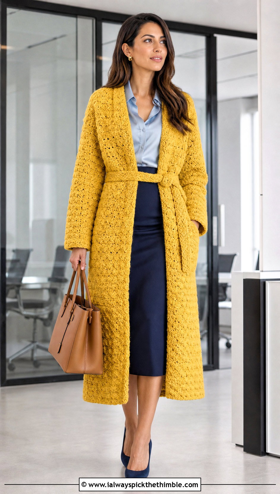 Belted Shell Stitch Crochet Long Coat With Pencil Skirt - 25 crochet long coat outfit ideas