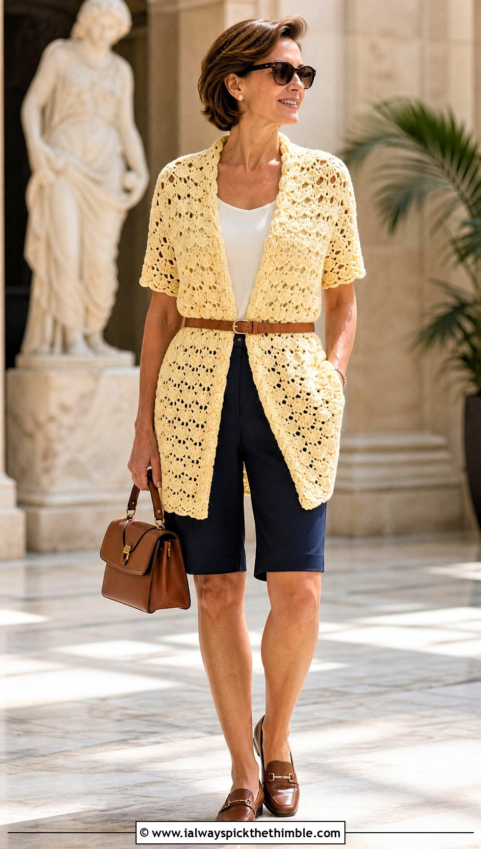 Belted Shell Stitch Crochet Tunic With Bermuda Shorts - 15 crochet tunic ideas