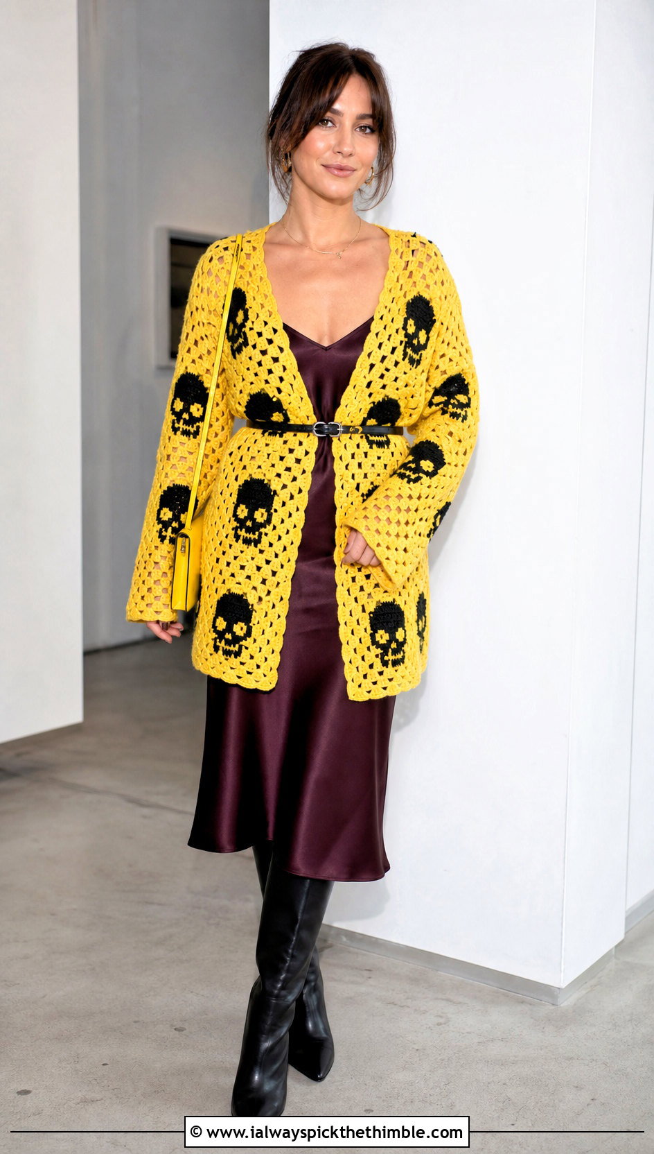Belted Skull Granny Square Cardigan With Slip Dress - 20 skull granny square cardigan outfit ideas